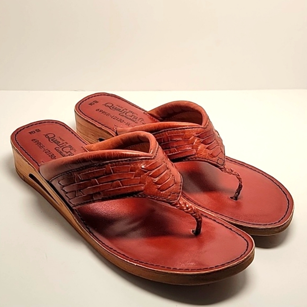 Vintage QualiCraft Brown Leather Wooden Flip Flop Thong Sandals Brazil 10